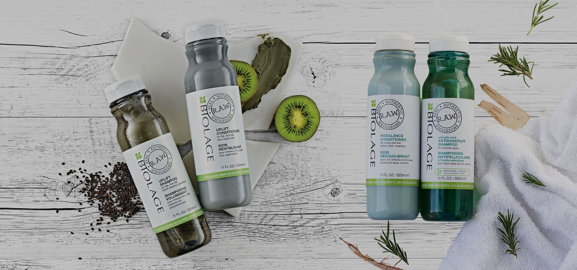 Biolage R.A.W. uplift conditioner en shampoo met rebalance conditioner en antidandruff shampoo.