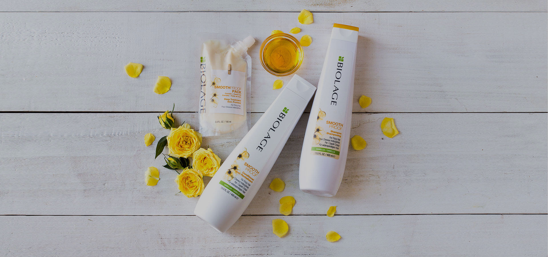 Biolage SmoothProof shampoo, conditioner en deep treatment pack haarverzorgingsproducten.
